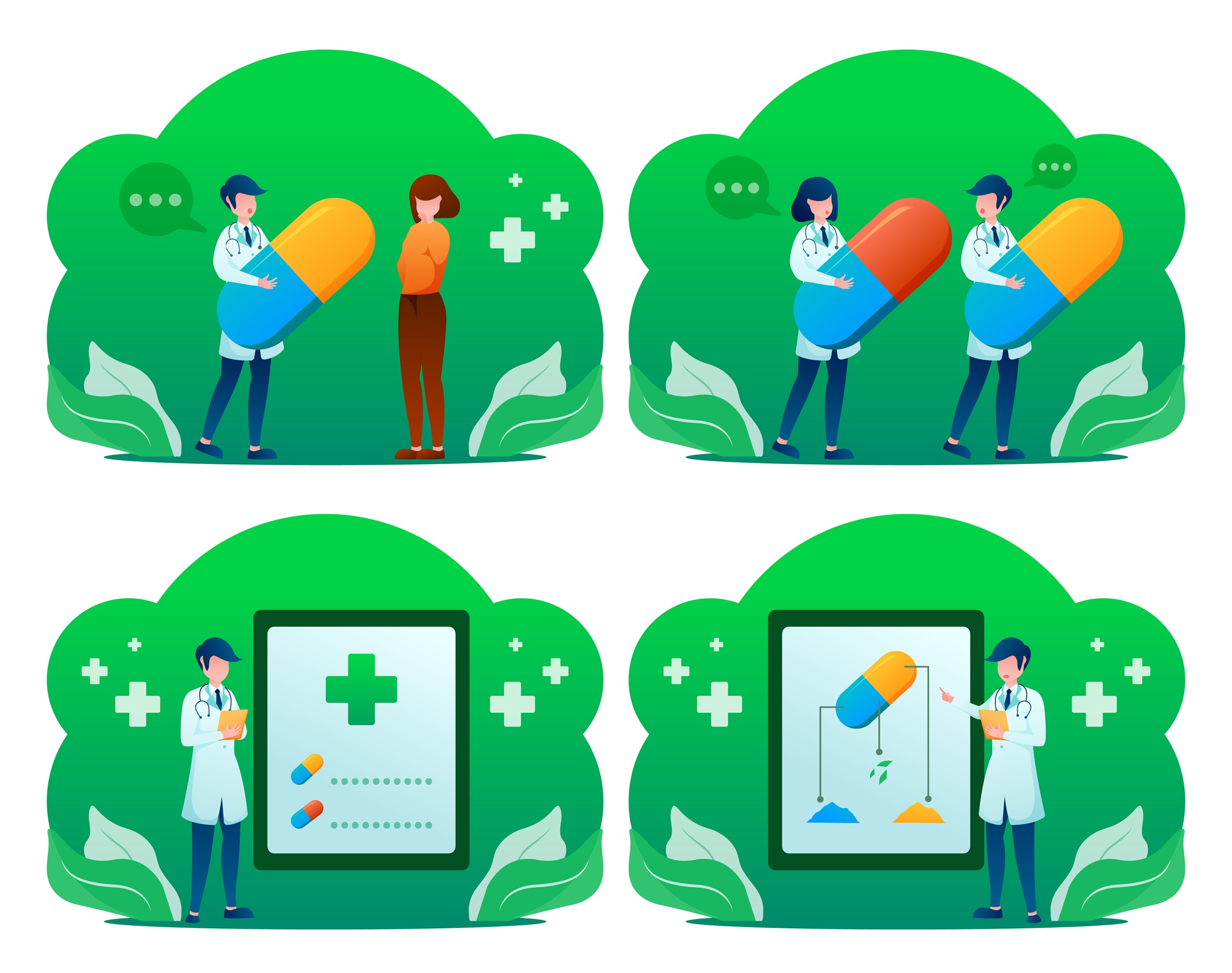 Set of young doctor in uniform with patient treatment document on clipboard and medical capsule, drawing in cartoon character, vector illustration